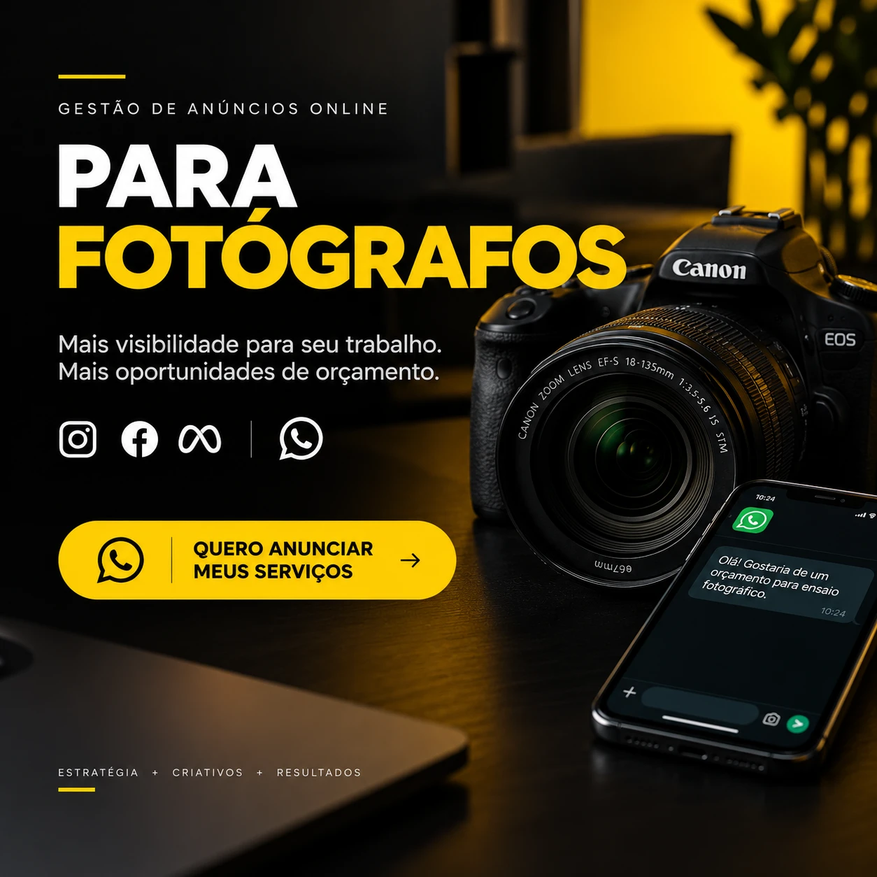 Gestão de anúncios online para fotógrafos: câmera profissional e celular recebendo pedido de orçamento pelo WhatsApp